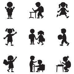 School days. Pictogram icon set. School children. Vector Black silhouettes. with white background