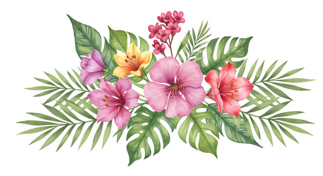 watercolor tropical flowers and leaves arrangement clip art preview