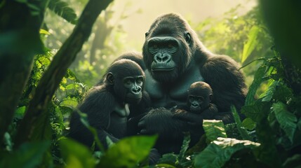 Obraz premium Portrait of a gorilla family amidst the lush foliage of a verdant jungle