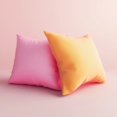 Two decorative pillows in vibrant colors, resting on a soft pink background