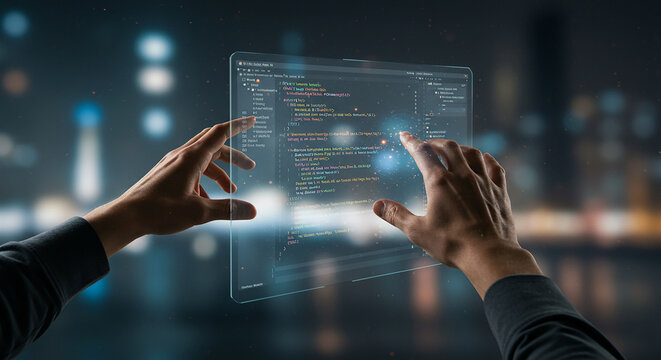 Programmer Interacting with Transparent Holographic Screen Displaying Code in a Futuristic Night City Environment