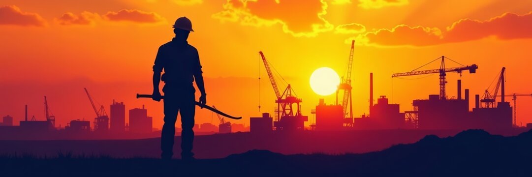 Composite image of laborer and factory silhouette, plant, engineering