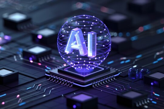 Glowing blue AI letters inside a digital network sphere hovering above a computer processing chip integrated into a futuristic circuit board, representing artificial intelligence technology, data proc