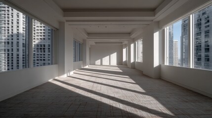 Obraz premium A deserted modern office, sunlight streaming through windows, post-meeting - tranquil empty sunlight modern