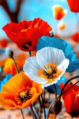 Vibrant and Serene Nature Scene with Colorful Poppies in a Tranquil Space