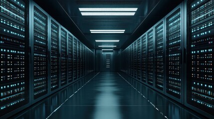 Fototapeta premium Modern server room interior, dark corridor