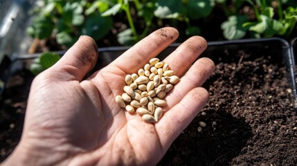 A hand carefully holding and displaying a collection of seeds