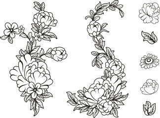 Vector Chinese floral ornamental doodle sets for spring, summer and wedding decorative designs. Flowers, roses, daisies, garlands, wreaths, leaves, design elements. Romantic, bridal theme, Asian style