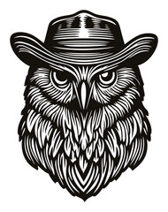 Fototapeta premium Detailed Engraving of an Owl Wearing a Cowboy Hat in Black and White