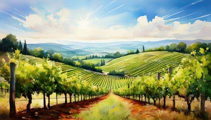 beautiful watercolor painting captures serene vineyard landscape with lush green grapevines stretching across rolling hills under bright blue sky. scene evokes tranquility and natural beauty