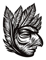 Obraz premium Intricate Engraving of Human Face Surrounded by Leafy Patterns