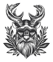Fototapeta premium Exquisite Engraving of a Deer Head with Intricate Antlers and Beard