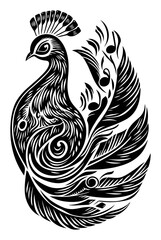 Fototapeta premium Elegant Black and White Engraving of a Decorative Peacock Design