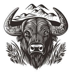 Fototapeta premium Engraving of a Buffalo Head with Mountains and Grass Detail