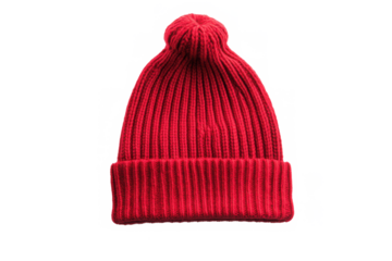 Red ribbed knit wool beanie hat featuring a foldable brim Made for warmth and style during colder seasons Isolated with transparent background