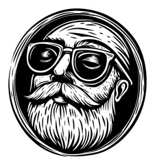 Vintage Engraving of a Bearded Man with Sunglasses in Oval Design