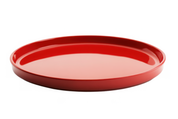 Red round serving tray with a sleek design ideal for use in kitchen or dining setups Perfect for serving snacks or drinks Isolated on transparent background.