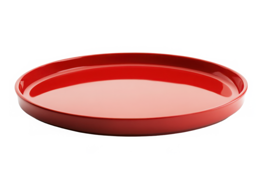 Red round serving tray with a sleek design ideal for use in kitchen or dining setups Perfect for serving snacks or drinks Isolated on transparent background.