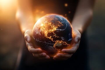 Fototapeta premium Glowing Earth Held by Human Hands with Visible City Lights in Dark Ambiance