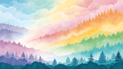 Fototapeta premium Rainbow colored watercolor landscape with misty forest