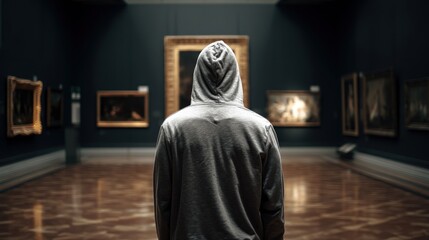 Naklejka premium Hooded figure stands before museum painting. Artwork heist crime concept. Thief in gallery planning robbery. 