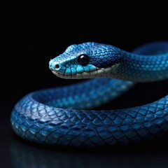 Obraz premium Scaled body of blue viper snake against dark background , , animal faces, snakes