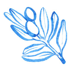 Watercolor hand drawn olibe branch. Linear brush drawn olive brunch with leaves and olive. Use as print, poster, invitation, element design, textile, package, clothes print, stickers.