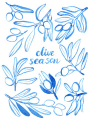 Watercolor hand drawn olibe branch. Linear brush drawn olive brunch with leaves and olive. Use as print, poster, invitation, element design, textile, package, clothes print, stickers.