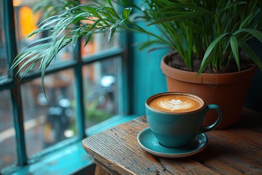 Cozy coffee cup on wooden table near green plant in a charming cafe with a view of the street outside
