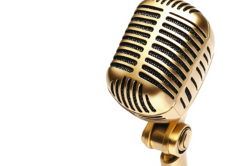 Vintage gold microphone with a retro design featuring metallic finish and detailed grille The classic style evokes old-school broadcasting and performance Isolated on transparent background.