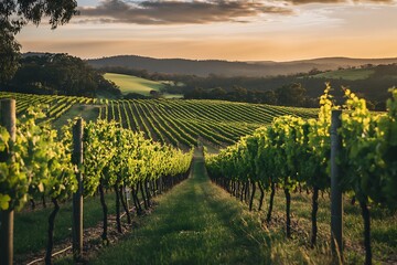 Fototapeta premium Lush Green Vineyard Rows, Hilly Landscape, Golden Sunset Light, Peaceful Agriculture