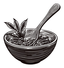 Detailed Engraving of a Bowl with Spoon and Leaves in Black and White
