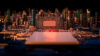 Miniature city with circuits and a glowing center reflects modern technological advancement