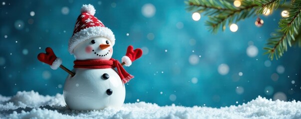 Obraz premium Snowman hanging from blue background with Christmas elements, Christmas tree, winter