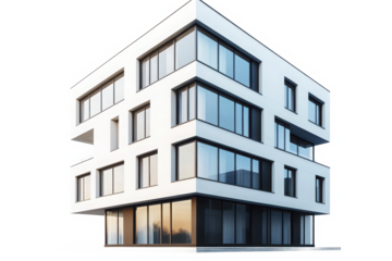 3D Boxy Modern Building with Clean Design and Multiple Windows Urban Architecture and Residential Project Mockup on Transparent Background.