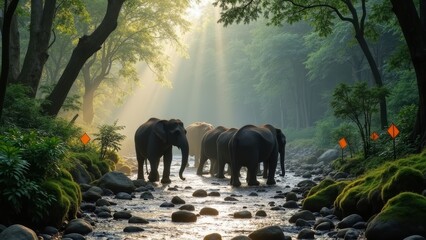 Elephants Crossing Rainforest Streams