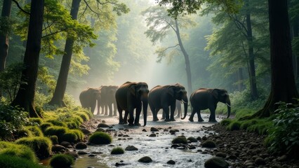 Elephants crossing forests and streams