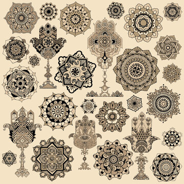 A set of richly decorated elements in the style of mehndi. A set of "Palms of Fatma", polyphyllus, mandalas that can be used as a background or as design elements.