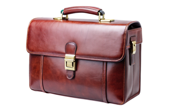 Luxurious brown leather bag with a structured shape and classic detailing for business professionals