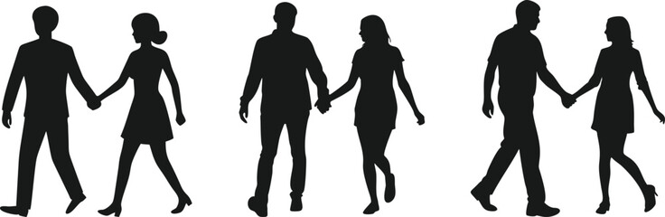 Silhouettes of Couples Walking and Holding Hands. Romantic Couple Silhouette Vector. Hand-Holding Couple Silhouette.