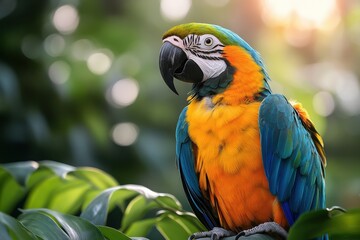 Fototapeta premium Colorful macaw perched on vibrant green leaves in a lush forest setting during the golden hour