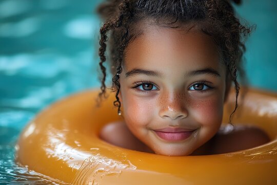 Young girl enjoying summer fun while swimming in a pool with a bright orange float ring during sunny weather