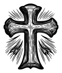 Obraz premium Detailed Engraving of Decorative Cross with Radiant Outline