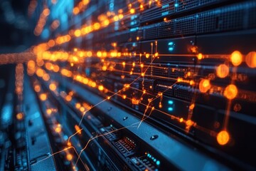 Data flow through server racks illuminated by orange light in a high-tech data center