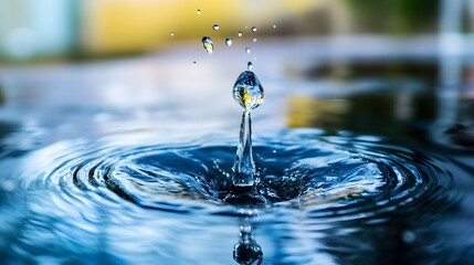 Water drop impacting surface creating ripples in blue liquid blurred background.