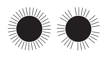 Yellow and black sun icon set.  sunshine and solar glow, sunrise or sunset.  Sunshine vector sign 