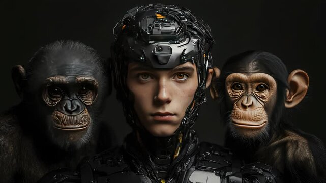 A humanoid cyborg with a synthetic face surrounded by two chimpanzees, symbolizing evolution, artificial intelligence, and the merging of biology with advanced technology. Sci-fi transhumanist concept