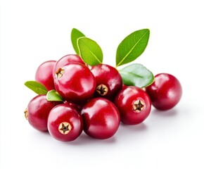 Fresh Red Berries with Green Leaves on White Background