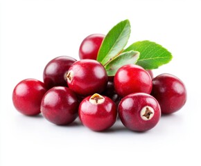 Fresh and Juicy Cranberries on White Background with Green Leaves