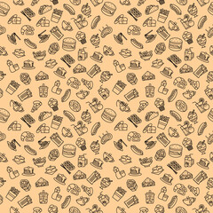 Minimal line art pattern of food and drink icons on a soft beige background. Modern and versatile design suitable for food-related wallpaper, packaging, gift wrap, or branding elements.